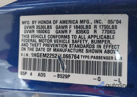 2004 Honda Civic Lx z USA, uszkodzony, nr VIN 1HGEM22584L066764